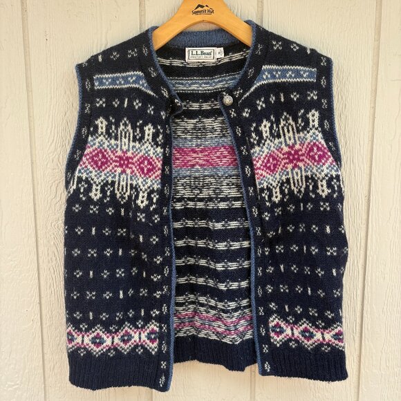 Vintage L.L. Bean Wool Vest Women's Medium Blue Fair Isle Cottagecore Winter USA - Picture 1 of 8